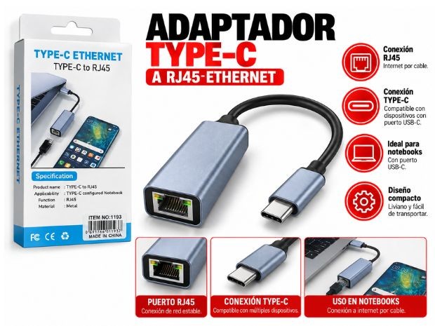&ua ADAPTADOR TIPO C A RJ45 ETHERNET 1000 MBPS (1193)